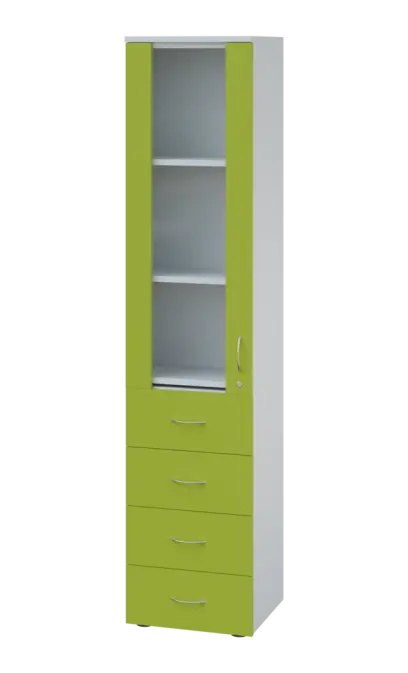 LE - 44 skříň léková prosklená, levá, korpus bílý, dvířka jarní zeleň